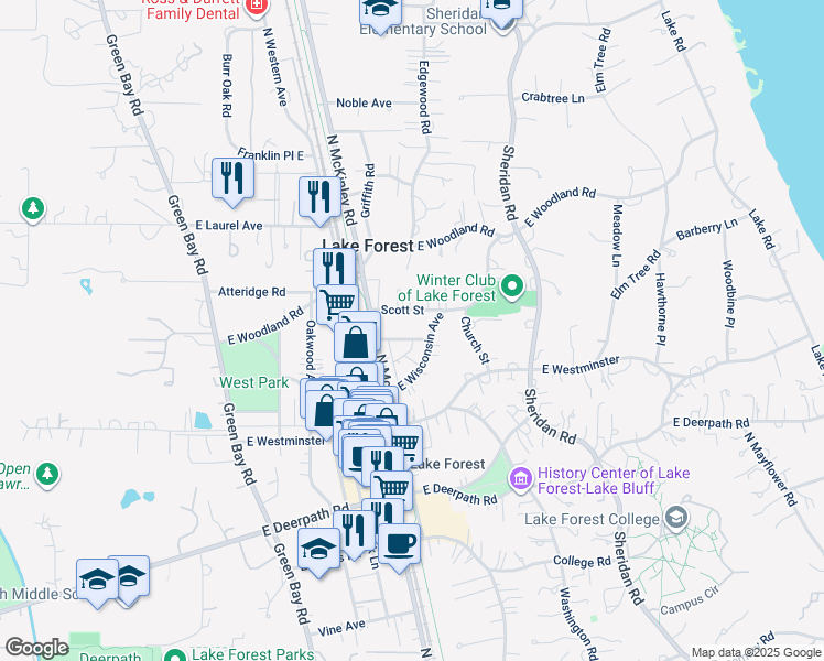 map of restaurants, bars, coffee shops, grocery stores, and more near 349 Scott Street in Lake Forest