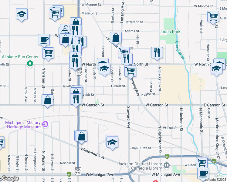 map of restaurants, bars, coffee shops, grocery stores, and more near 707 Backus Street in Jackson