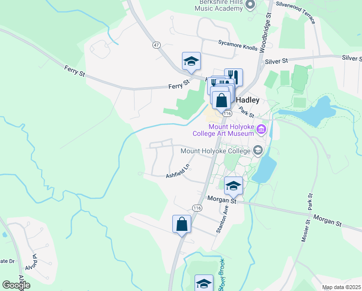 map of restaurants, bars, coffee shops, grocery stores, and more near Jewett Lane in South Hadley