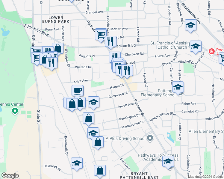 map of restaurants, bars, coffee shops, grocery stores, and more near 1435 Harpst Street in Ann Arbor