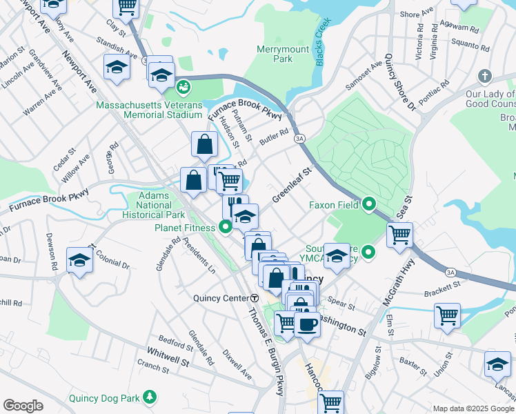 map of restaurants, bars, coffee shops, grocery stores, and more near 23 Merrymount Road in Quincy