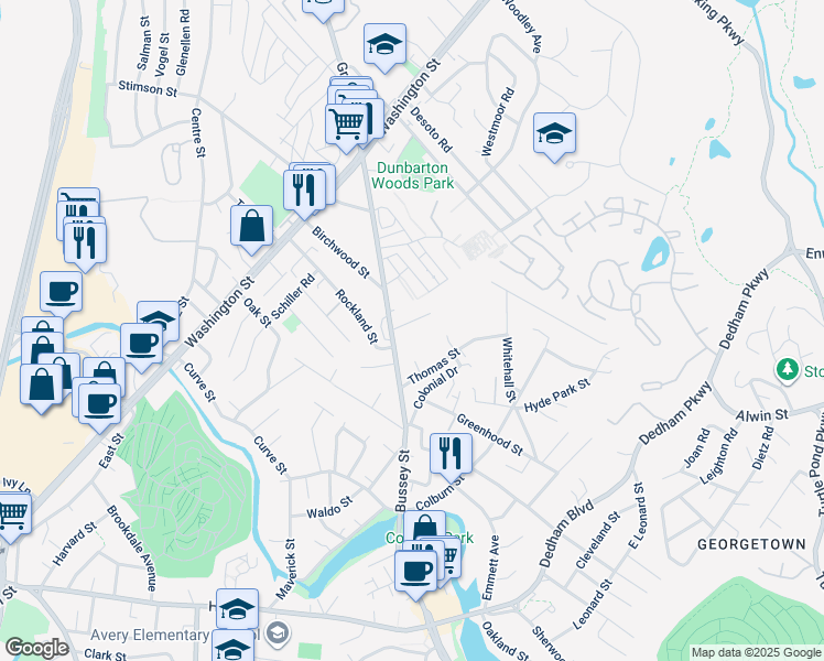 map of restaurants, bars, coffee shops, grocery stores, and more near 6 Liberty Lane in Dedham