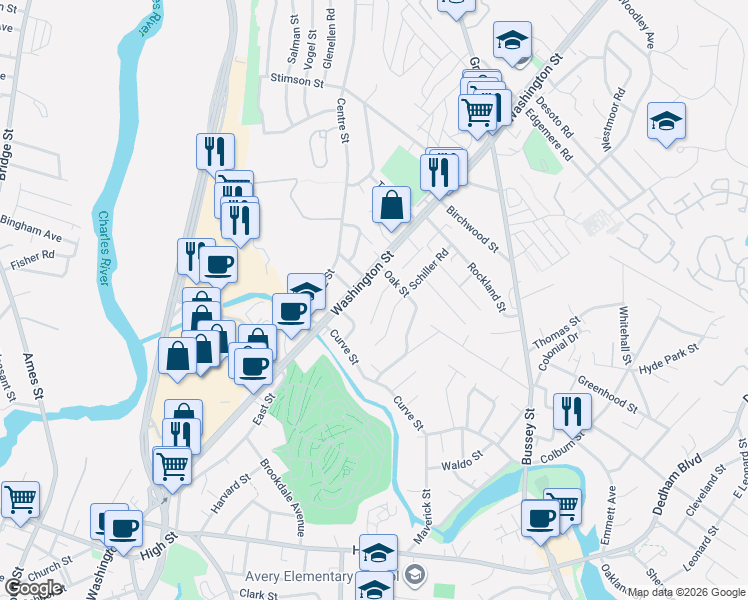 map of restaurants, bars, coffee shops, grocery stores, and more near 4 Ridge Avenue in Dedham