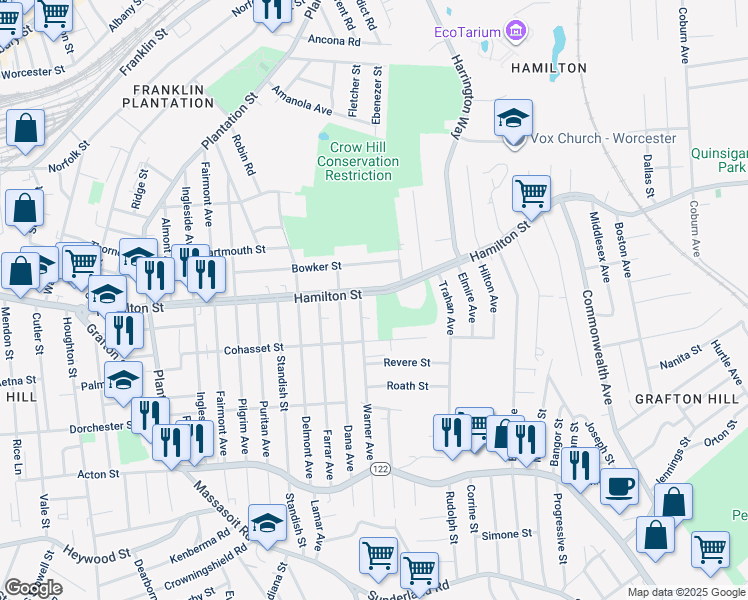 map of restaurants, bars, coffee shops, grocery stores, and more near 265 Hamilton Street in Worcester