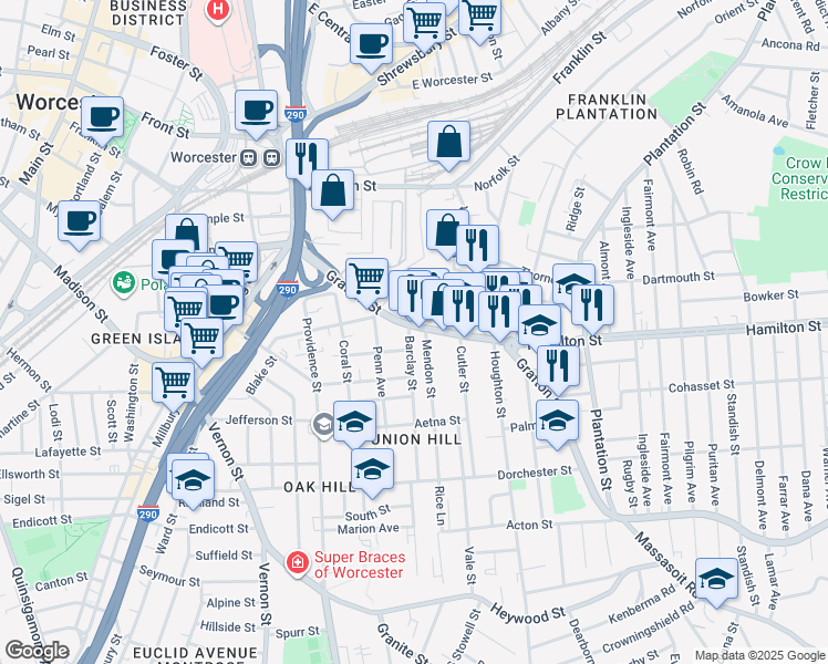 map of restaurants, bars, coffee shops, grocery stores, and more near 267 Grafton Street in Worcester