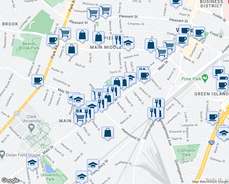map of restaurants, bars, coffee shops, grocery stores, and more near 2 Alden Street in Worcester