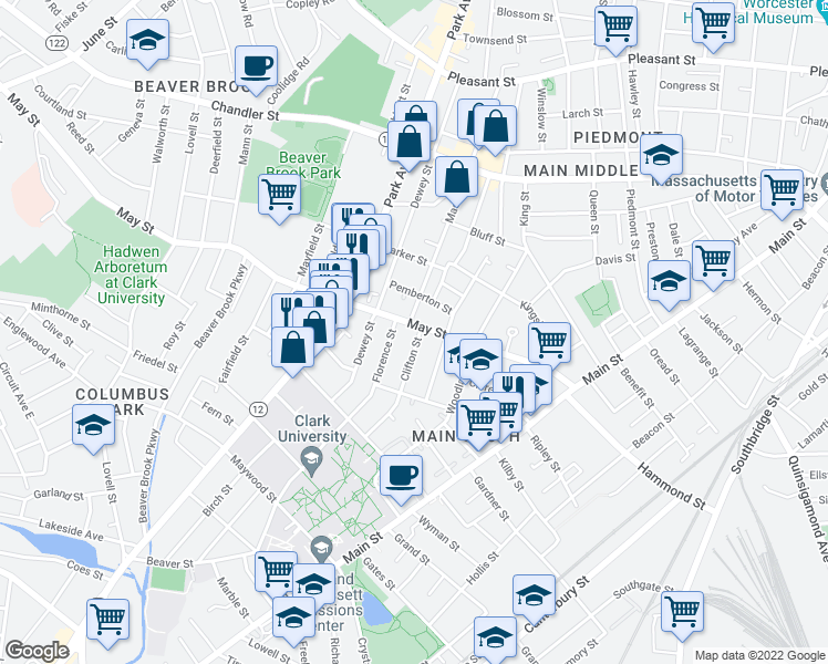 map of restaurants, bars, coffee shops, grocery stores, and more near 44 May Street in Worcester
