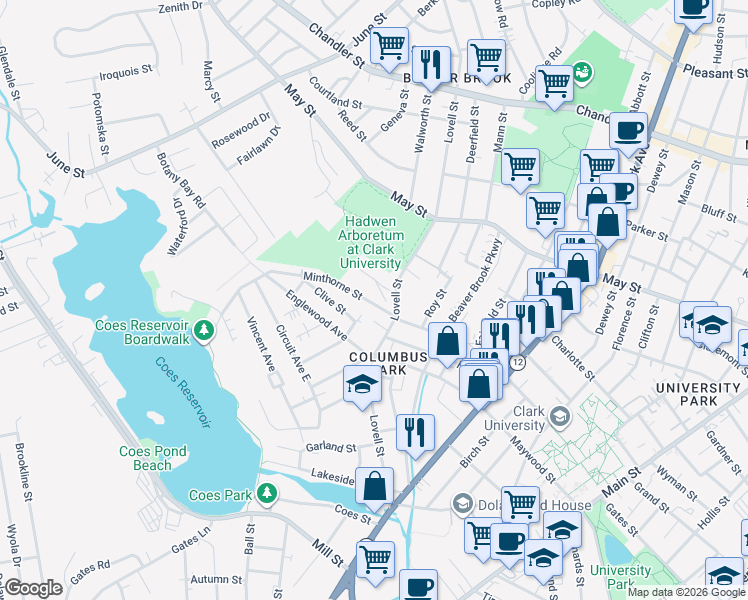 map of restaurants, bars, coffee shops, grocery stores, and more near 1 Willow Street in Worcester