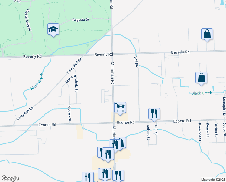 map of restaurants, bars, coffee shops, grocery stores, and more near 6697 Merriman Road in Romulus