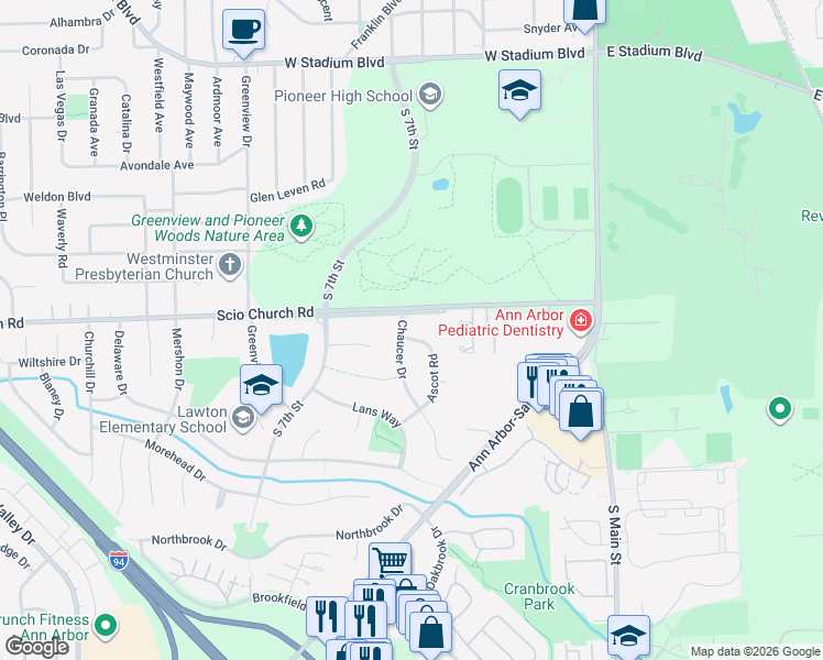 map of restaurants, bars, coffee shops, grocery stores, and more near 575 Scio Church Road in Ann Arbor