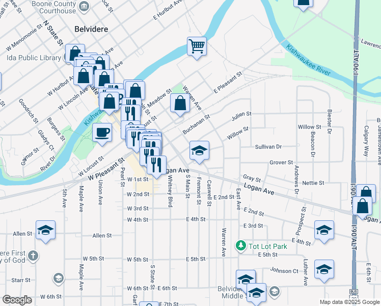 map of restaurants, bars, coffee shops, grocery stores, and more near 501 Caswell Street in Belvidere