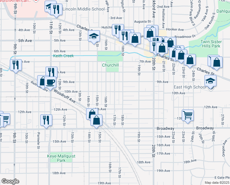 map of restaurants, bars, coffee shops, grocery stores, and more near 1028 17th Street in Rockford
