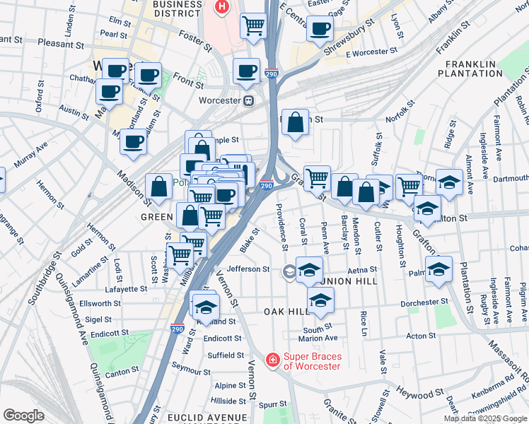 map of restaurants, bars, coffee shops, grocery stores, and more near 13 Waverly Street in Worcester