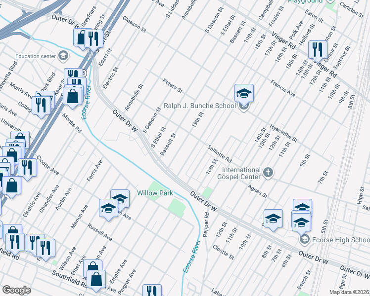 map of restaurants, bars, coffee shops, grocery stores, and more near 4107 19th Street in Ecorse