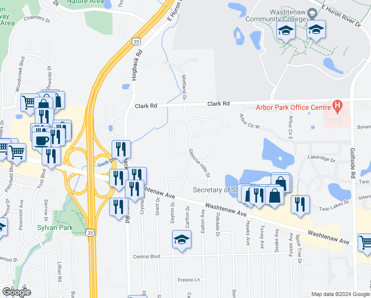 map of restaurants, bars, coffee shops, grocery stores, and more near 2148 Glencoe Hills Drive in Ann Arbor