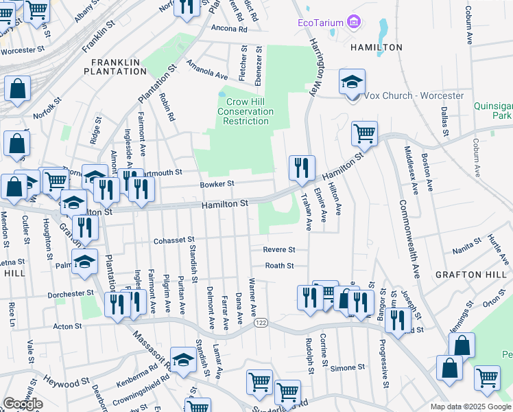 map of restaurants, bars, coffee shops, grocery stores, and more near 224 Hamilton Street in Worcester
