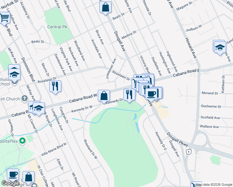 map of restaurants, bars, coffee shops, grocery stores, and more near 619 Cabana Road West in Windsor
