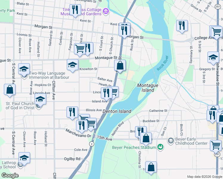 map of restaurants, bars, coffee shops, grocery stores, and more near 1520 South Main Street in Rockford