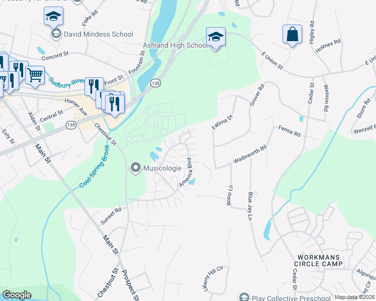 map of restaurants, bars, coffee shops, grocery stores, and more near 278 America Boulevard in Ashland