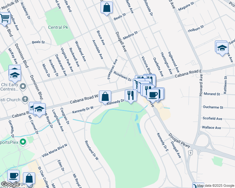 map of restaurants, bars, coffee shops, grocery stores, and more near 619 Cabana Road West in Windsor