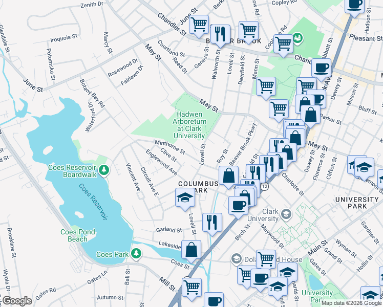 map of restaurants, bars, coffee shops, grocery stores, and more near 1 Willow Street in Worcester