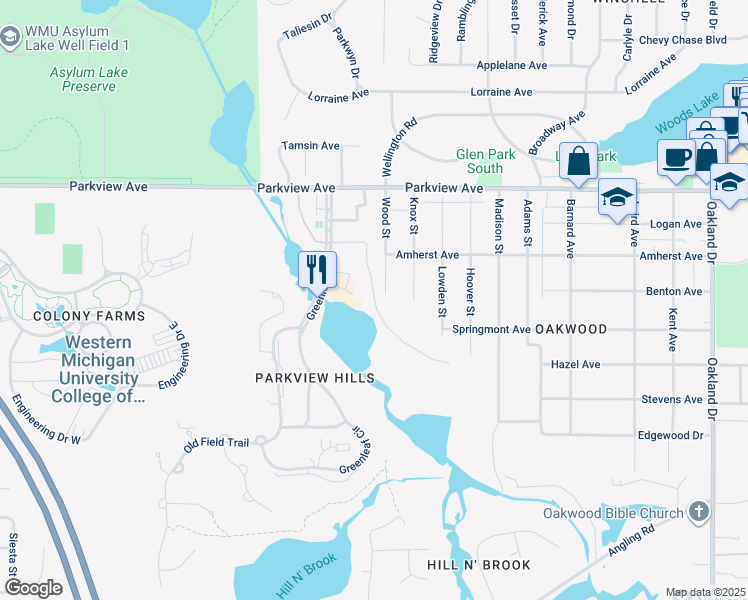 map of restaurants, bars, coffee shops, grocery stores, and more near Willow Lake Drive in Kalamazoo