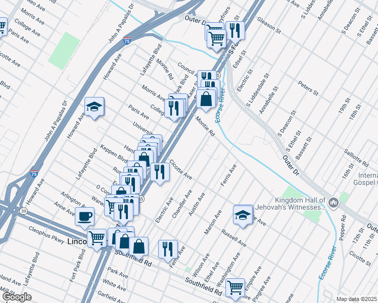 map of restaurants, bars, coffee shops, grocery stores, and more near 1270 Electric Avenue in Lincoln Park