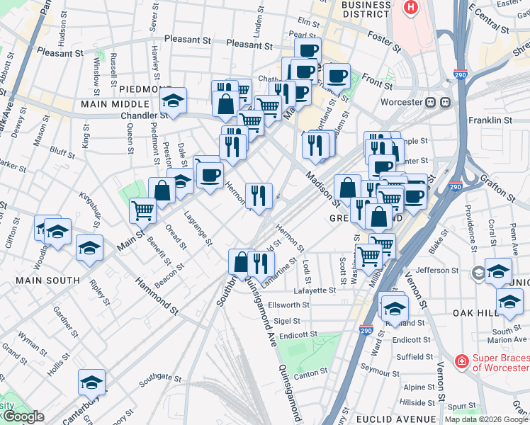 map of restaurants, bars, coffee shops, grocery stores, and more near 180 Southbridge Street in Worcester