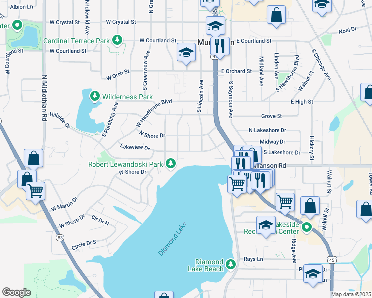 map of restaurants, bars, coffee shops, grocery stores, and more near 422 Southeast Garfield Avenue in Mundelein