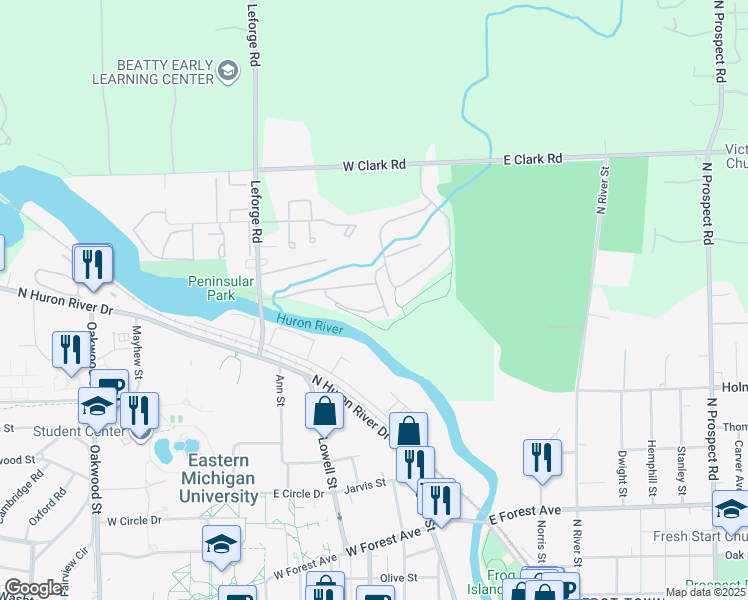 map of restaurants, bars, coffee shops, grocery stores, and more near 1281 Medford Drive in Ypsilanti