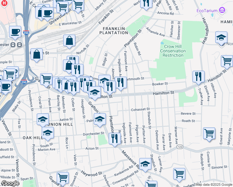 map of restaurants, bars, coffee shops, grocery stores, and more near 71 Hamilton Street in Worcester