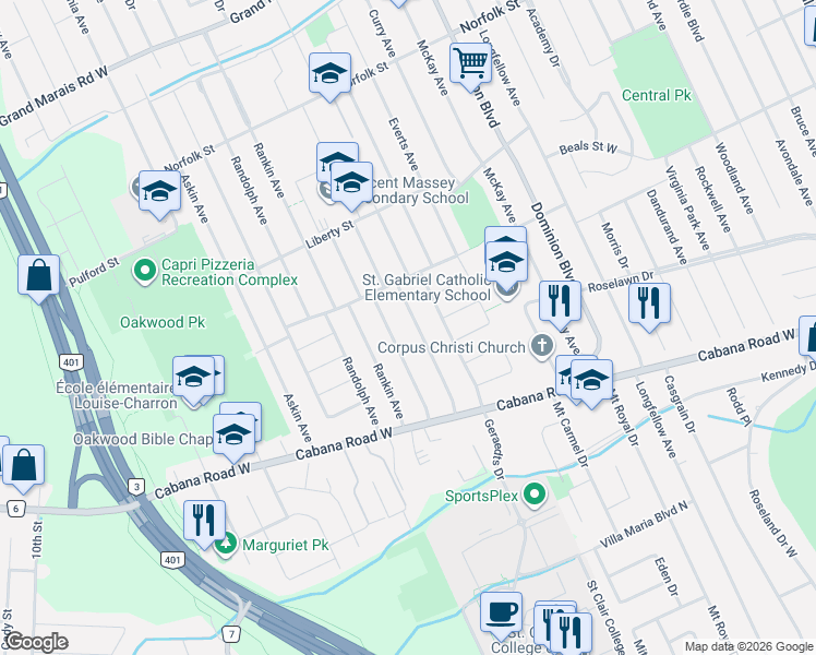 map of restaurants, bars, coffee shops, grocery stores, and more near 3561 Roxborough Avenue in Windsor