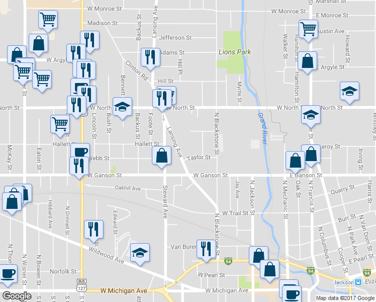 map of restaurants, bars, coffee shops, grocery stores, and more near 709 Lansing Avenue in Jackson