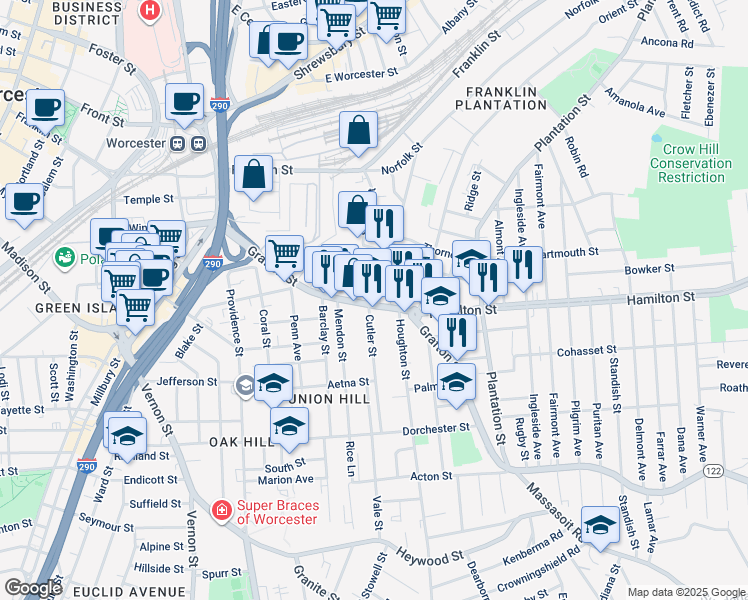 map of restaurants, bars, coffee shops, grocery stores, and more near 311 Grafton Street in Worcester