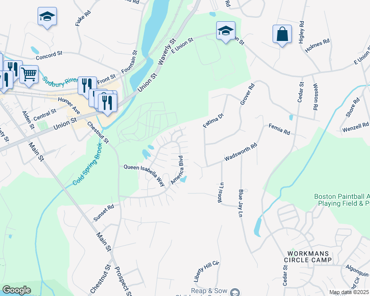 map of restaurants, bars, coffee shops, grocery stores, and more near 283 America Boulevard in Ashland