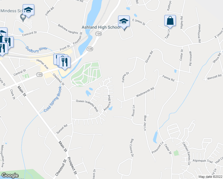map of restaurants, bars, coffee shops, grocery stores, and more near 317 America Boulevard in Ashland