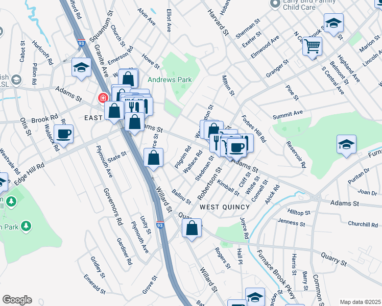 map of restaurants, bars, coffee shops, grocery stores, and more near 13 Wallace Road in Quincy