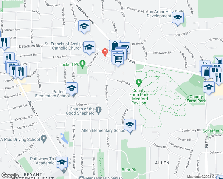 map of restaurants, bars, coffee shops, grocery stores, and more near 5 Buckingham Court in Ann Arbor