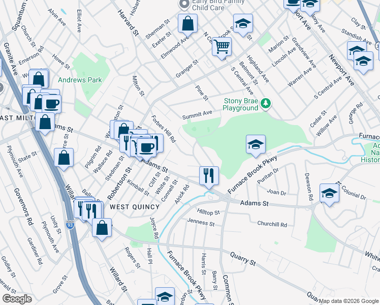 map of restaurants, bars, coffee shops, grocery stores, and more near 21 Stoney Brae Road in Quincy