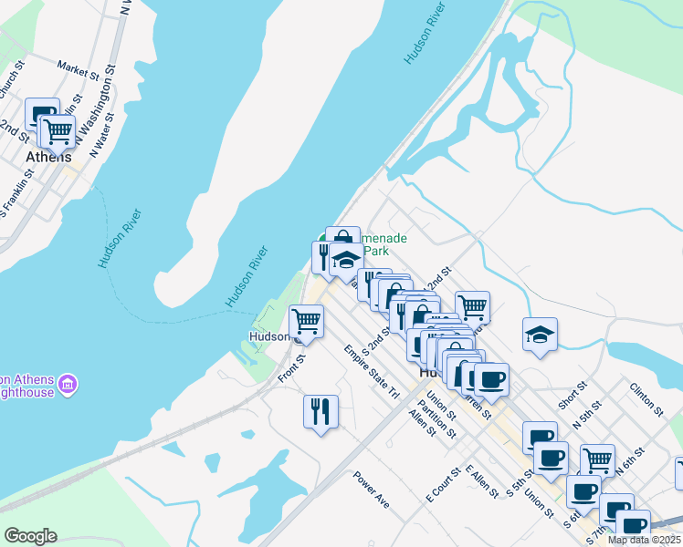 map of restaurants, bars, coffee shops, grocery stores, and more near 1 Warren Street in Hudson