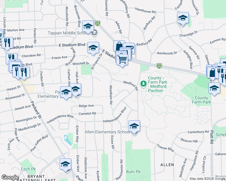 map of restaurants, bars, coffee shops, grocery stores, and more near 2125 Needham Road in Ann Arbor