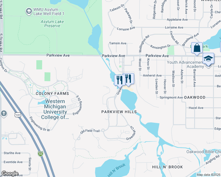 map of restaurants, bars, coffee shops, grocery stores, and more near 3605 Woodcliff Drive in Kalamazoo