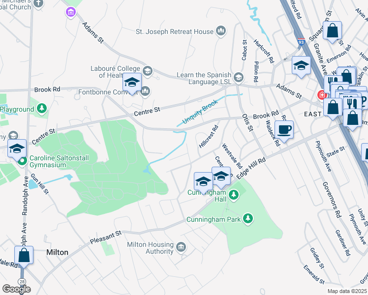 map of restaurants, bars, coffee shops, grocery stores, and more near 32 Wyndmere Road in Milton