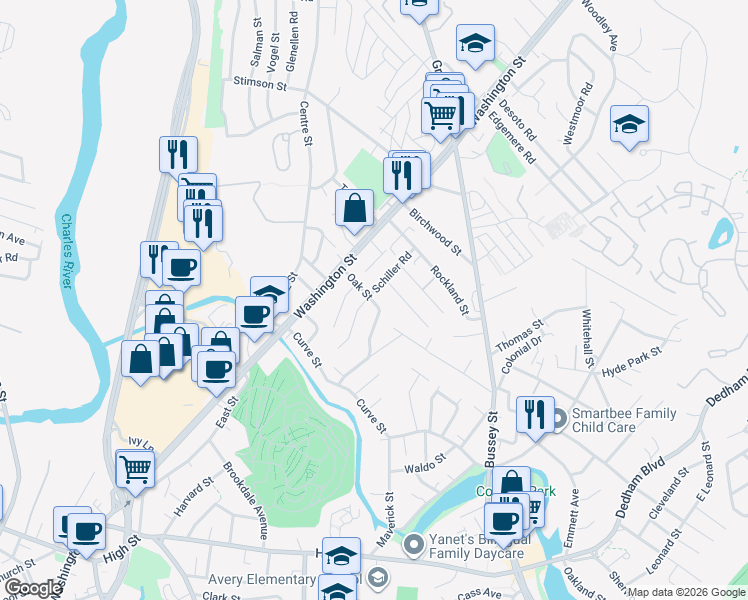 map of restaurants, bars, coffee shops, grocery stores, and more near 48 Schiller Road in Suffolk County
