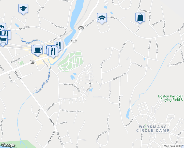 map of restaurants, bars, coffee shops, grocery stores, and more near 285 America Boulevard in Ashland