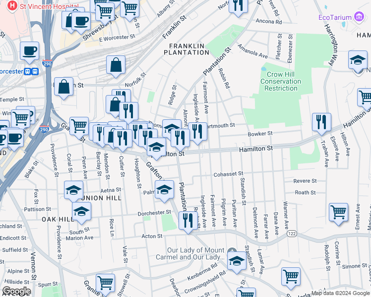 map of restaurants, bars, coffee shops, grocery stores, and more near 6 Almont Avenue in Worcester