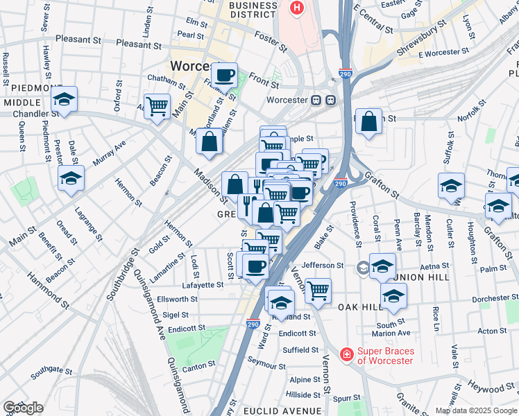 map of restaurants, bars, coffee shops, grocery stores, and more near 15 Ash Street in Worcester