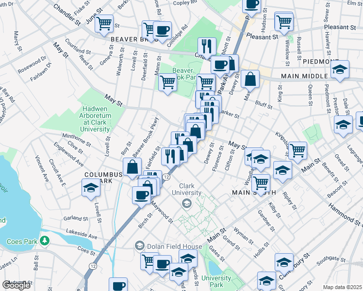 map of restaurants, bars, coffee shops, grocery stores, and more near 424 Massachusetts 9 in Worcester