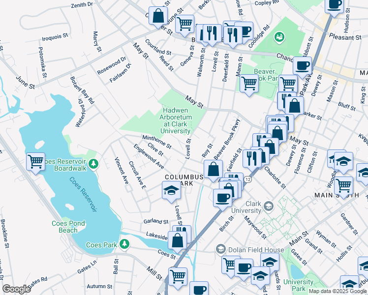 map of restaurants, bars, coffee shops, grocery stores, and more near 1 Willow Street in Worcester