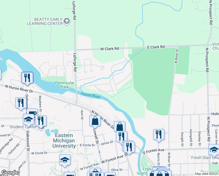 map of restaurants, bars, coffee shops, grocery stores, and more near 1281 Medford Drive in Ypsilanti